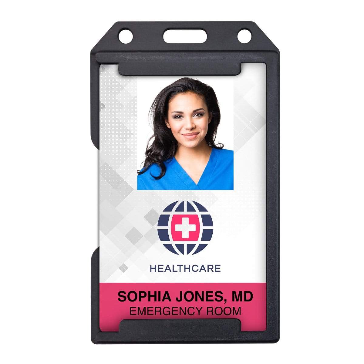 An ID badge with a photo of a smiling person in blue scrubs, labeled "Sophia Jones, MD, Emergency Room" at the bottom, secured in a 2 Sided Rigid Vertical MultiCard Badge Holder - Hard Plastic Multiple ID Card Holder (1840-308X) and featuring a healthcare logo above the name.