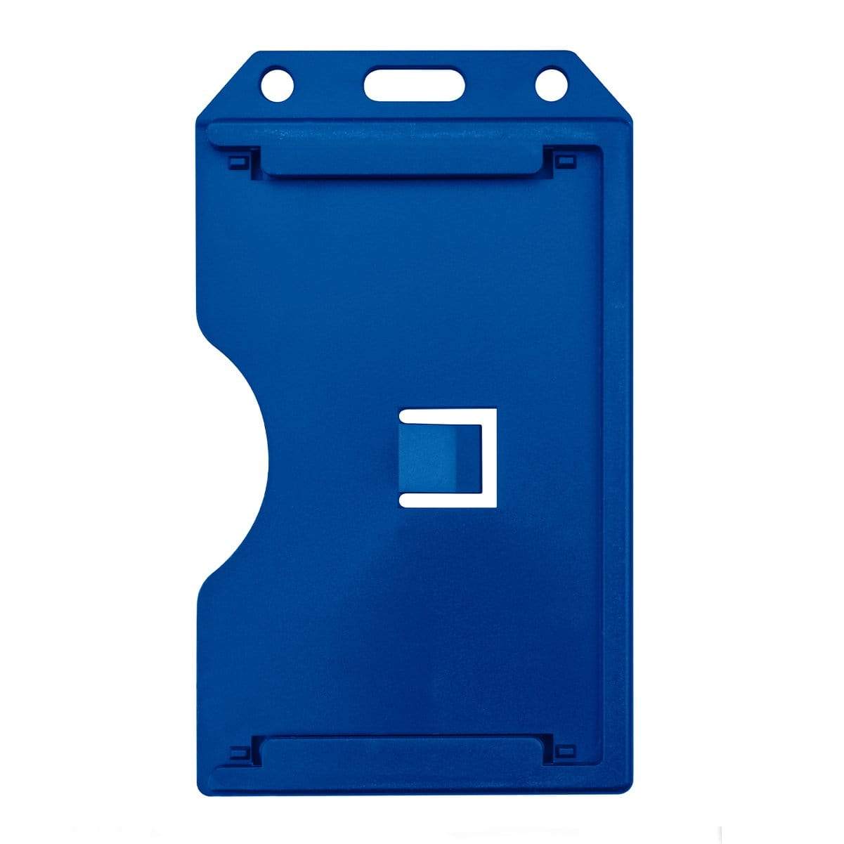 A 2 Sided Rigid Vertical MultiCard Badge Holder - Hard Plastic Multiple ID Card Holder (1840-308X), with a rectangular cutout near the center and a notch on the left side for easy access. The top features two holes for attaching a lanyard.