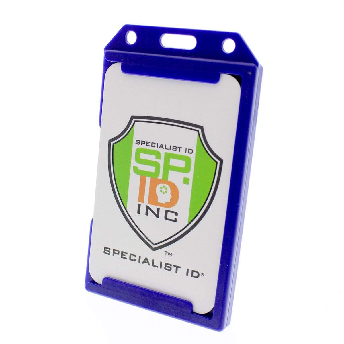 A 2 Sided Rigid Vertical MultiCard Badge Holder - Hard Plastic Multiple ID Card Holder (1840-308X) with a Specialist ID Inc identification card featuring a green and orange shield logo, made from rigid plastic.
