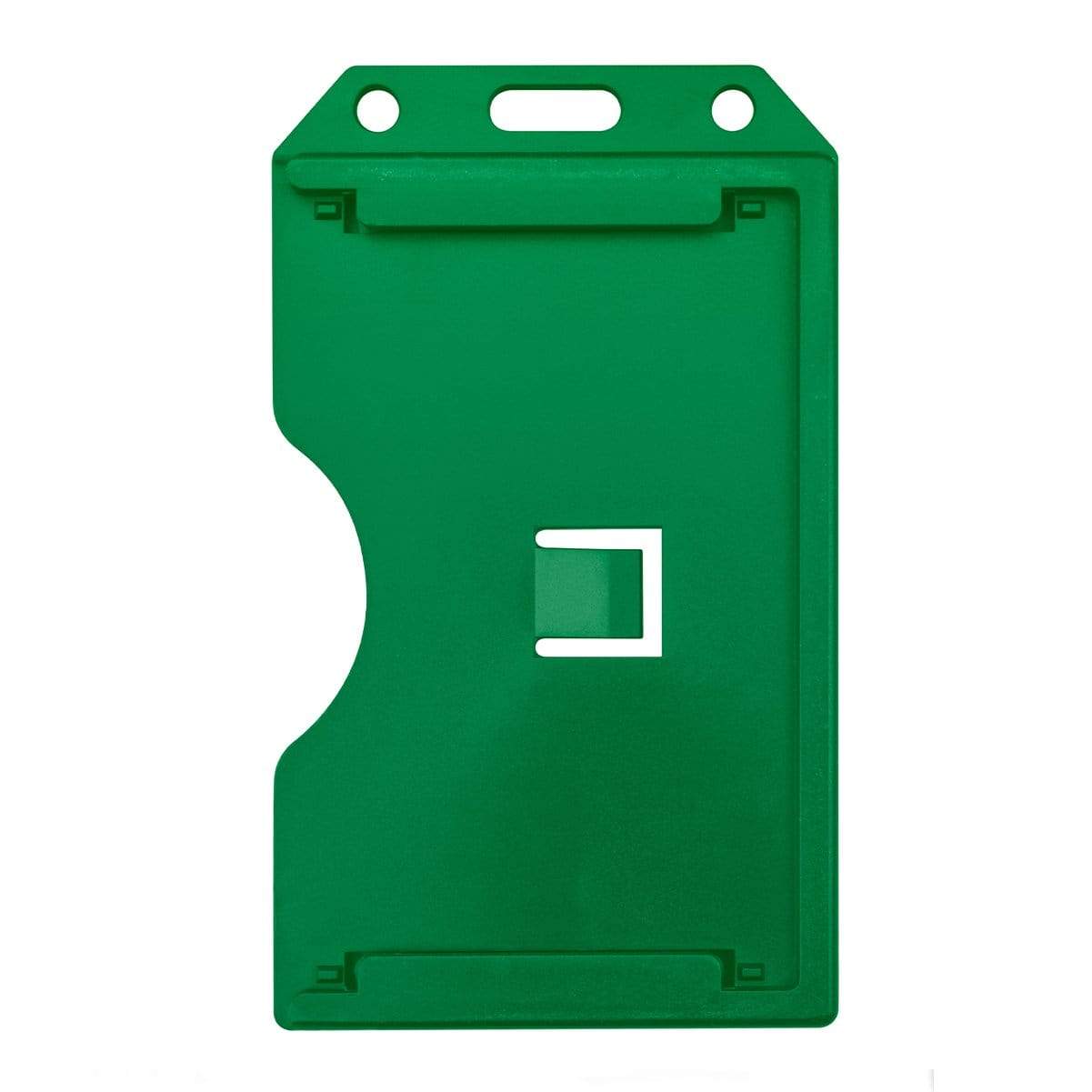 A green, rigid plastic ID card holder features a rectangular cutout on the front and a slot for attaching a lanyard near the top edge. Ideal as a 2 Sided Rigid Vertical MultiCard Badge Holder - Hard Plastic Multiple ID Card Holder (1840-308X).