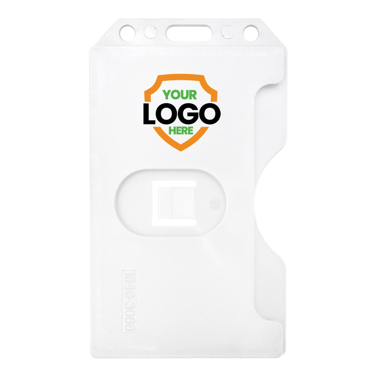 White Custom 2-Sided Rigid Vertical Multi-Card Holder (1840-308X) - Add Your Logo with a slot for holding a card and a protruding clip area on the right side. The upper section features "Your Logo Here" in bold text within a shield graphic, offering a customizable badge holder perfect for brand recognition and a professional look.
