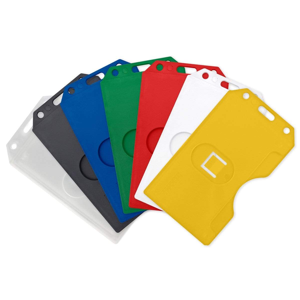 A group of different colored plastic cards neatly organized in a 2 Sided Rigid Vertical MultiCard Badge Holder - Hard Plastic Multiple ID Card Holder (1840-308X).