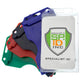 A 2 Sided Rigid Vertical MultiCard Badge Holder - Hard Plastic Multiple ID Card Holder (1840-308X) fanned out, displaying a badge with the logo "Specialist ID SP Inc" in the front transparent holder.