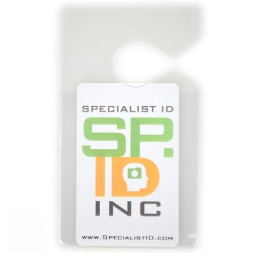 Clear Rigid Vinyl Vertical Vehicle Parking Pass Hang Tag Holder (1840-3600) with a card inside labeled "Specialist ID, SPID INC" and the website "www.SpecialistID.com" at the bottom, perfect as a parking pass holder for your vehicle rearview mirror.