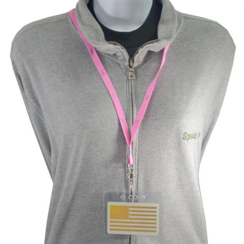 Person wearing a gray zip-up jacket with a pink lanyard and an ID badge in a Horizontal Vinyl Proximity Card Holder with Locking Top for Prox and Tap to Access ID Cards (P/N 1840-5000), displaying an American flag.