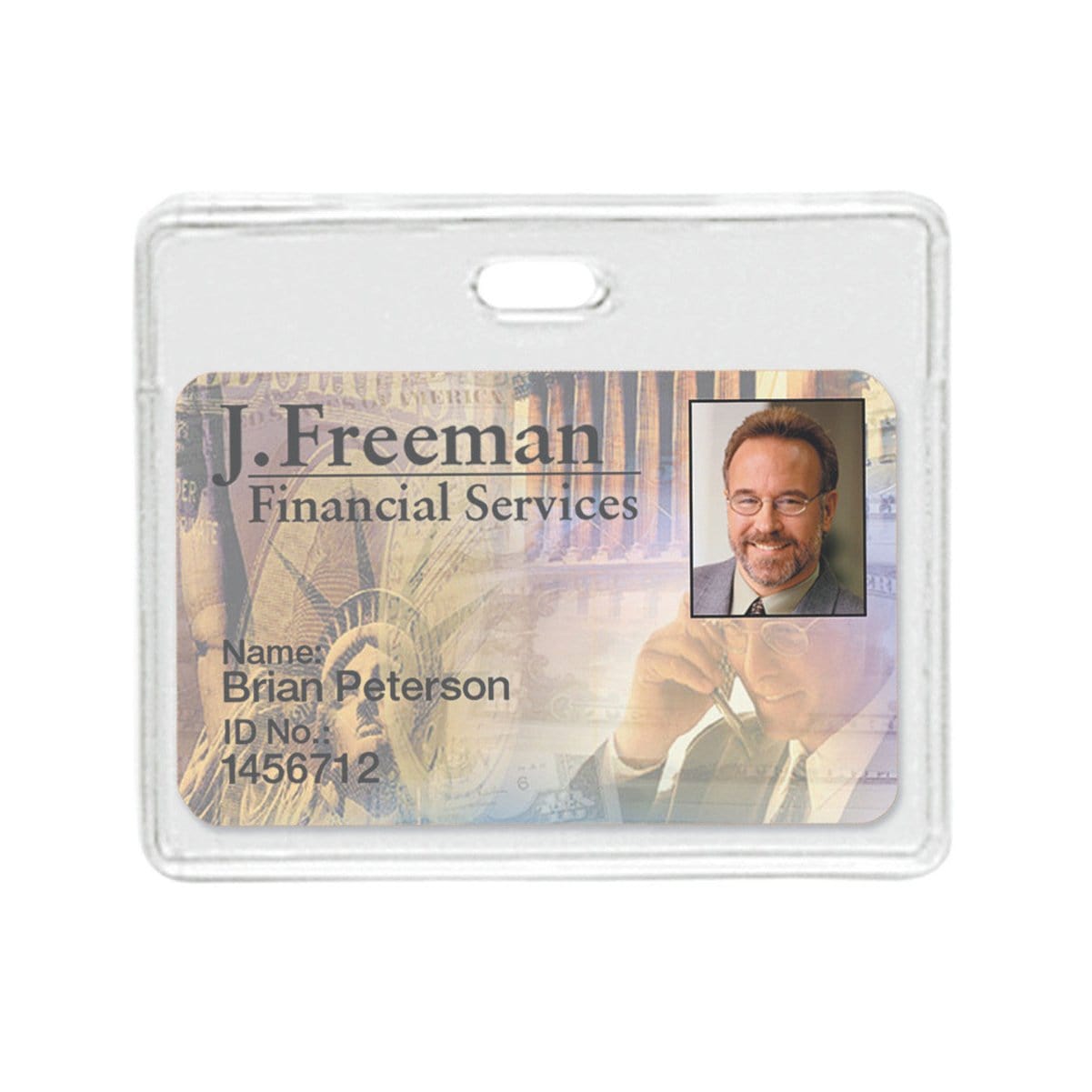 A plastic ID badge encased in a Clear Flexible Vinyl Horizontal Proximity Card Holder (P/N 1840-5010) displays the text "J. Freeman Financial Services" and features a picture of a man. The name "Brian Peterson" and ID number "1456712" are also visible, secured neatly with a strap clip.