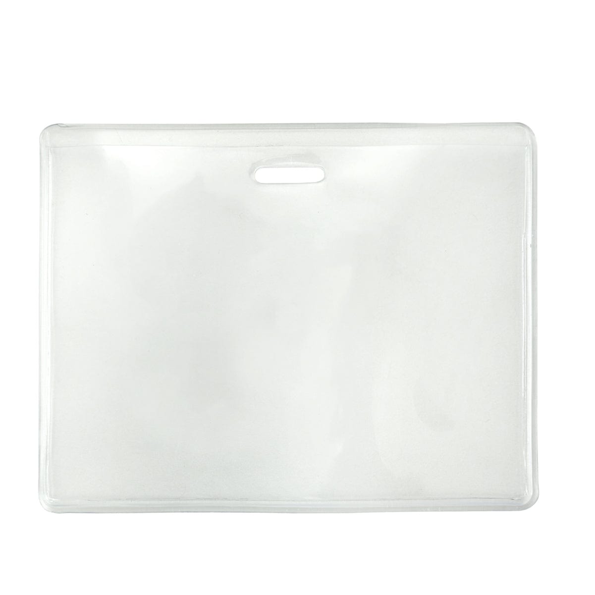 A Clear Vinyl Horizontal Proximity Badge Holder With Anti-Print Transfer Material (P/N 1840-5071) with a single slot for attachment, crafted from heavy-duty material to ensure durability.