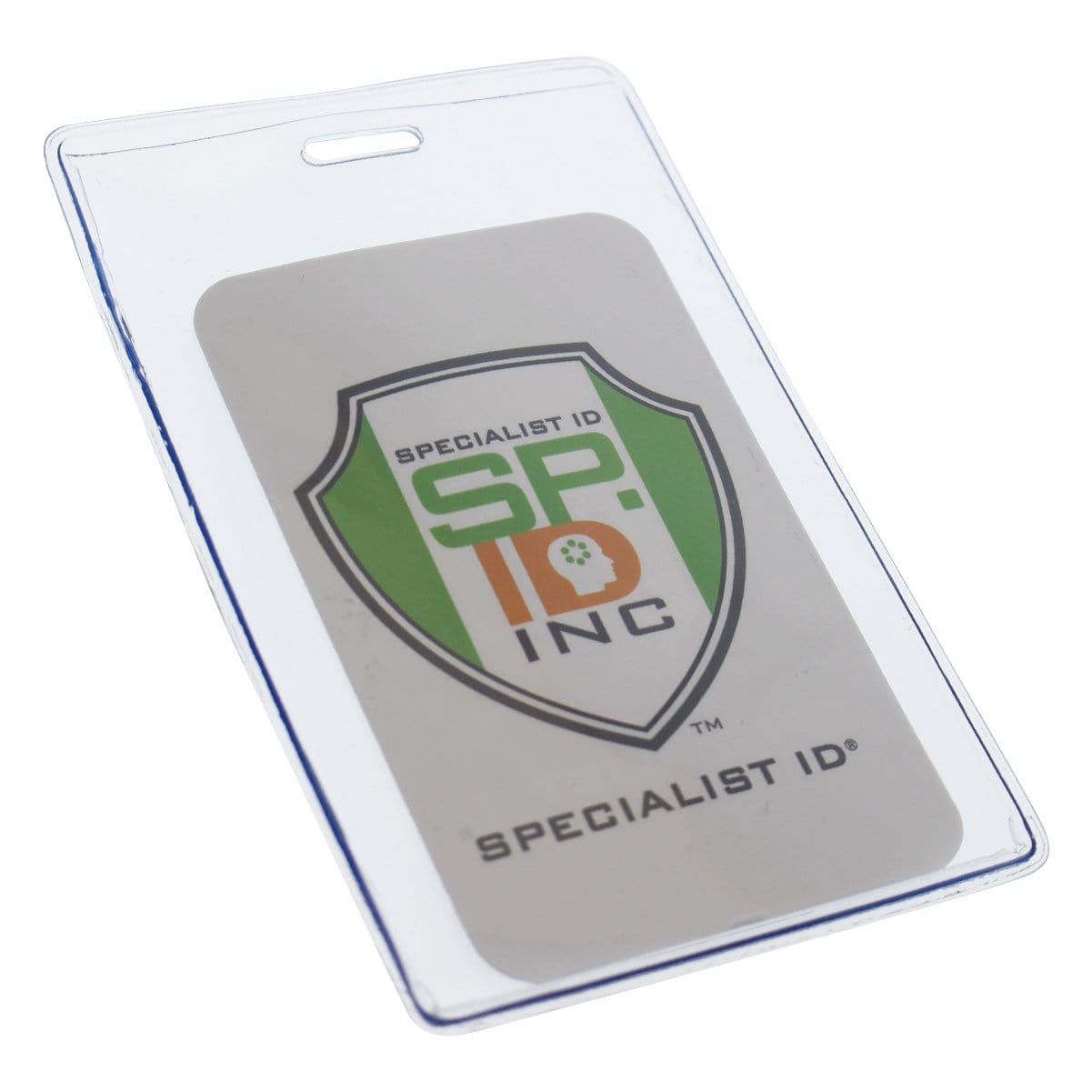 A clear plastic ID badge holder displaying a badge with the logo "Specialist ID, SP ID Inc" featuring a green shield and orange keyhole design. This Heavy Duty Vertical Proximity Card Holder (P/N 1840-5057) is perfect for holding your essential identification securely.