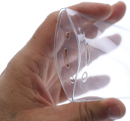 Hand holding a Clear Flexible Vinyl Vertical Proximity Card Holder (P/N 1840-5060).