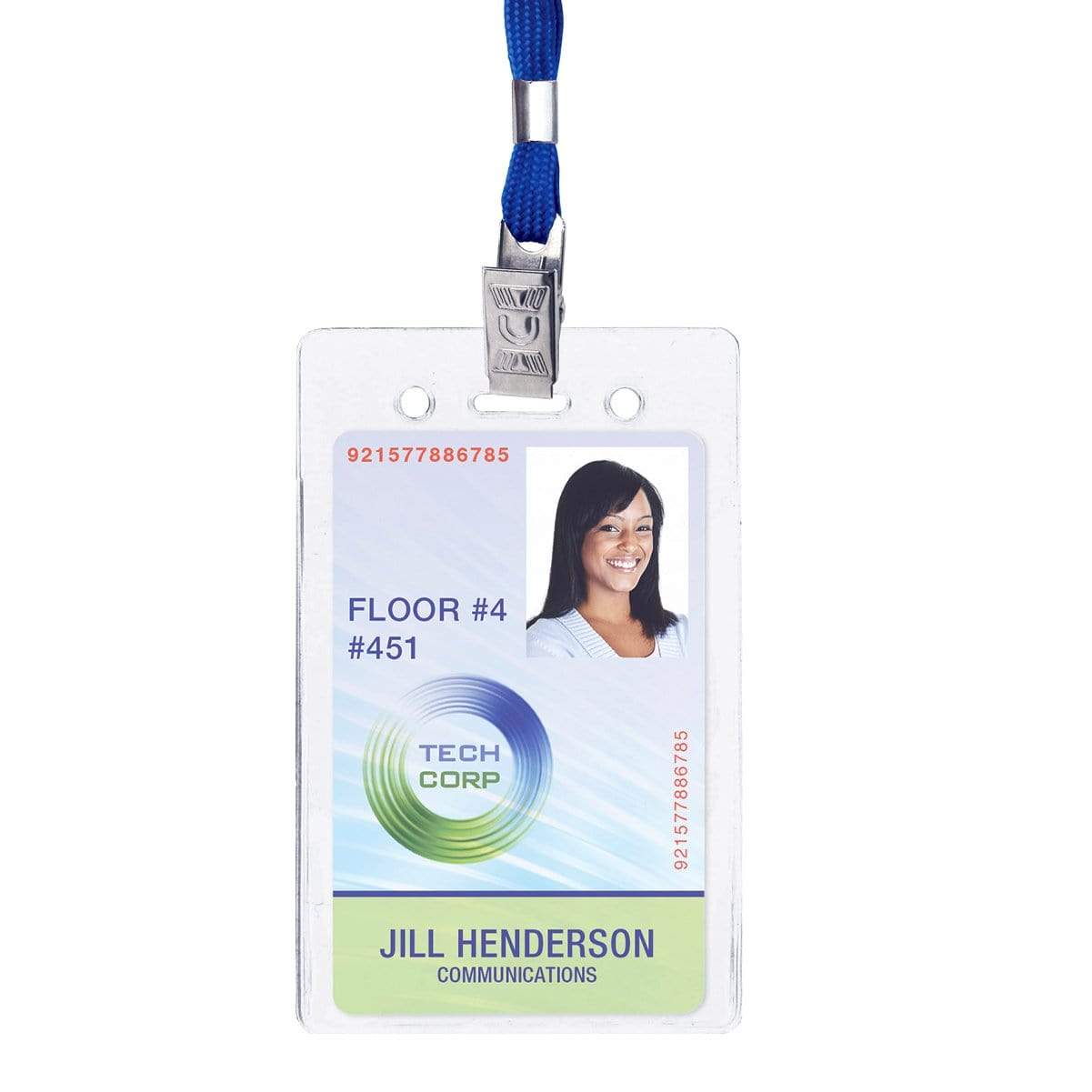 An ID badge with a photo, the name "Jill Henderson," role "Communications," and a "Tech Corp" logo. The badge, held in a **Clear Flexible Vinyl Vertical Proximity Card Holder (P/N 1840-5060)** with a blue lanyard, indicates floor #4, #451.