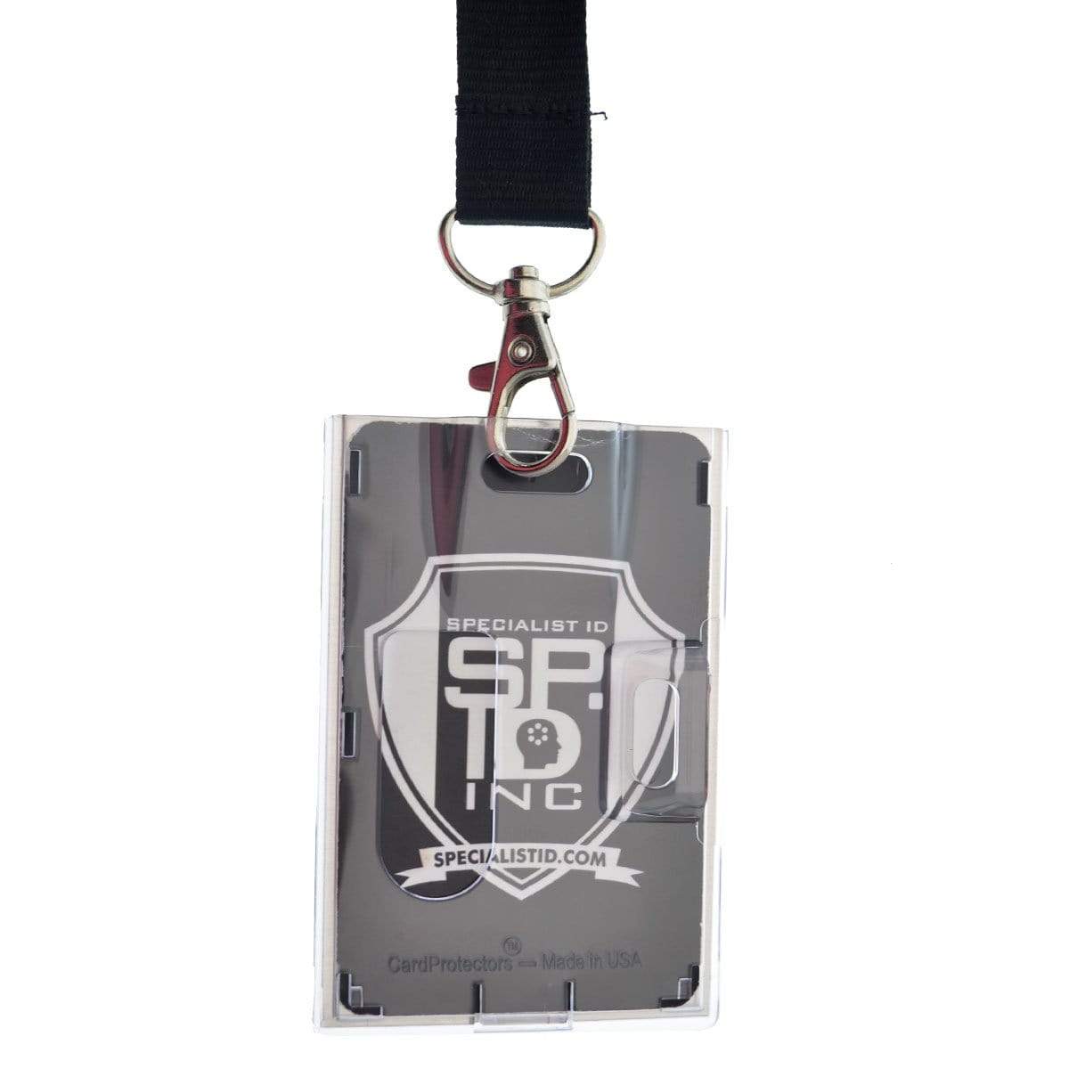 A FIPS 201 Approved Rigid Shielded RFID Blocking 2-Card Holder 1840-5081 with a Specialist ID Inc. logo on a black lanyard with a metal clip.