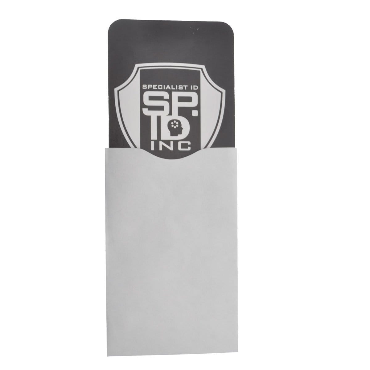 A black and white card labeled "Specialist ID Inc" partially slides out of a white RFID Blocking Shielded Credit Card Sleeve (P/N 1840-5084), ensuring both anti-theft and data protection.