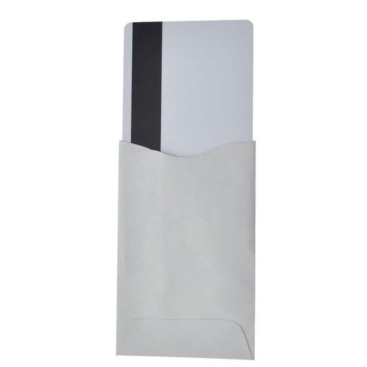 A vertical, white, rectangular card partially slips out of a light gray envelope designed with RFID Blocking Shielded Credit Card Sleeves (P/N 1840-5084) for enhanced data protection.