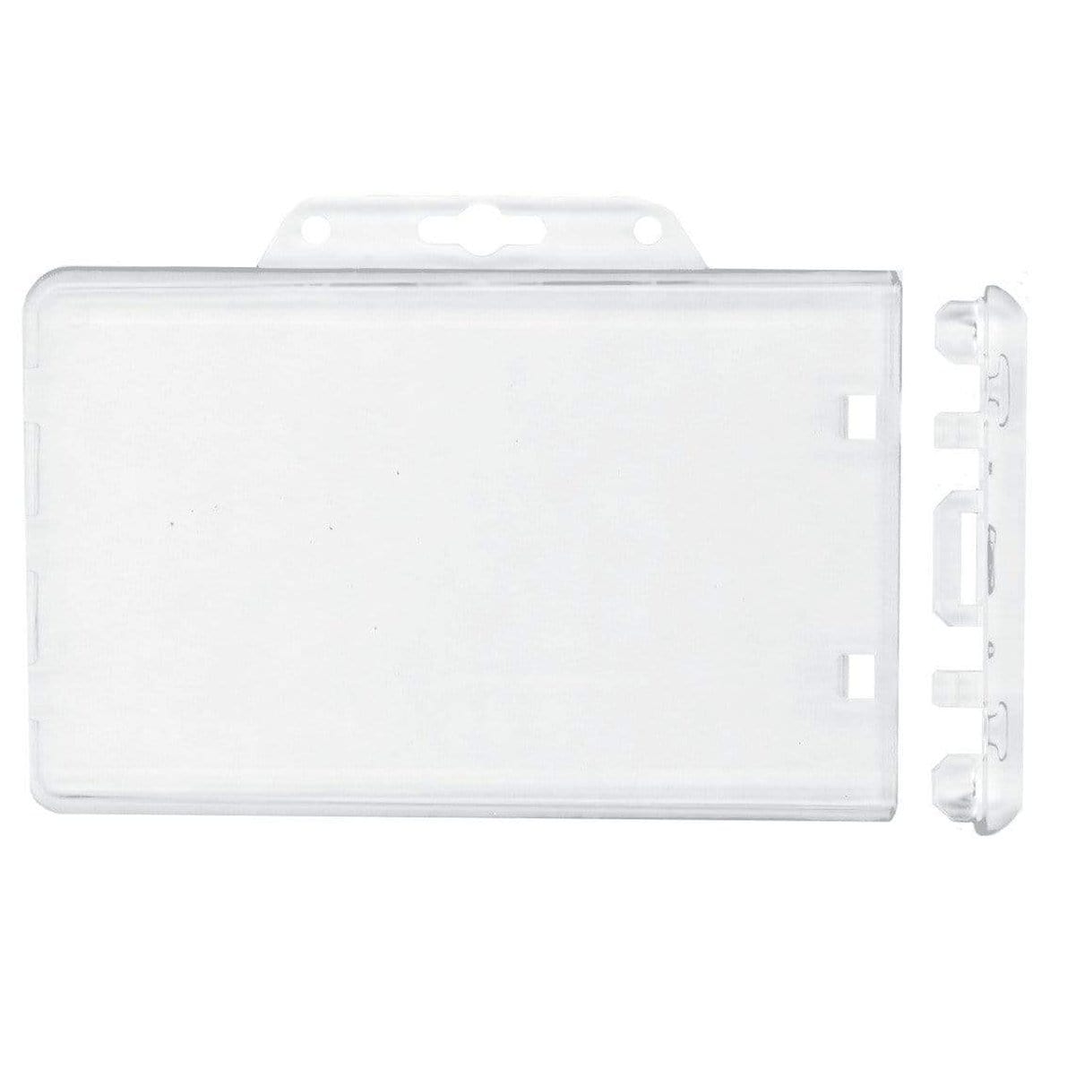 Clear Horizontal Permanent Locking Plastic Card Holder (P/N 1840-6040) with a slot for attachment at the top and clip slots on the side, designed to securely hold and display ID cards; ideal as a locking badge holder for added security.