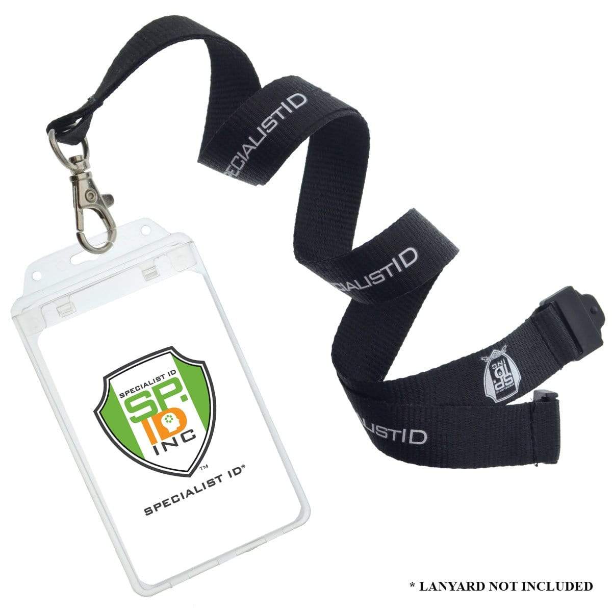 A Clear Vertical Permanent Locking Plastic Card Holder (P/N 1840-6045) with an attached clip and a black lanyard. The lanyard has "SPECIALISTID" printed on it. The card holder features a green and yellow shield logo. Text reads "*LANYARD NOT INCLUDED".