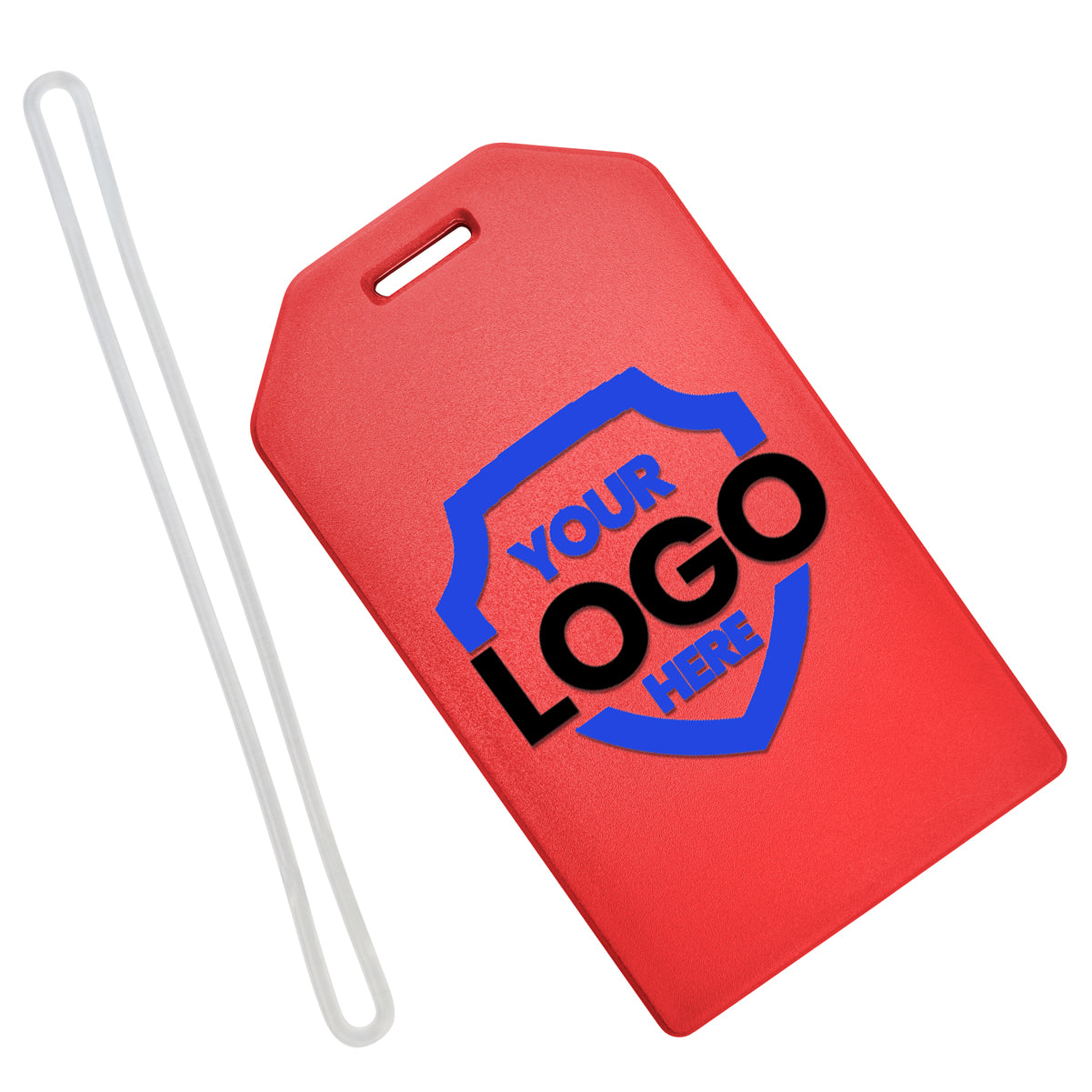 Red Custom Rigid Plastic Luggage Tag Holders with 6" Clear Loop - Personalize with Your Logo, featuring "YOUR LOGO HERE" text and a blue shield design. Attached white string lies beside the tag, making it perfect for promotional giveaways and enhancing brand awareness.