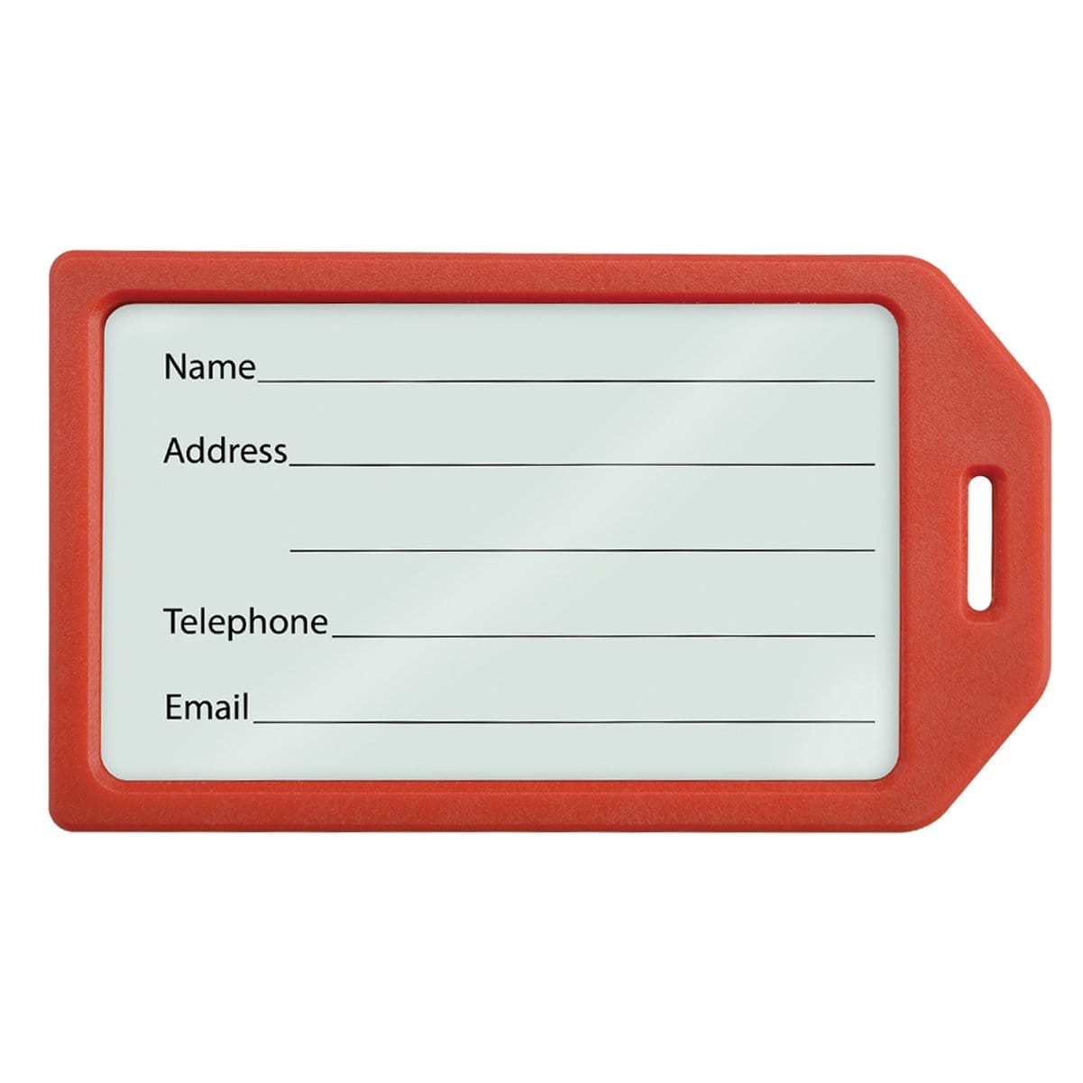 A red-bordered Heavy Duty Luggage Tags with Plastic Loops Included - Window for Business Card or Included Insert (1840-620X) with blank fields for Name, Address, Telephone, and Email. Perfect for heavy duty use and easily customizable for a personalized touch.