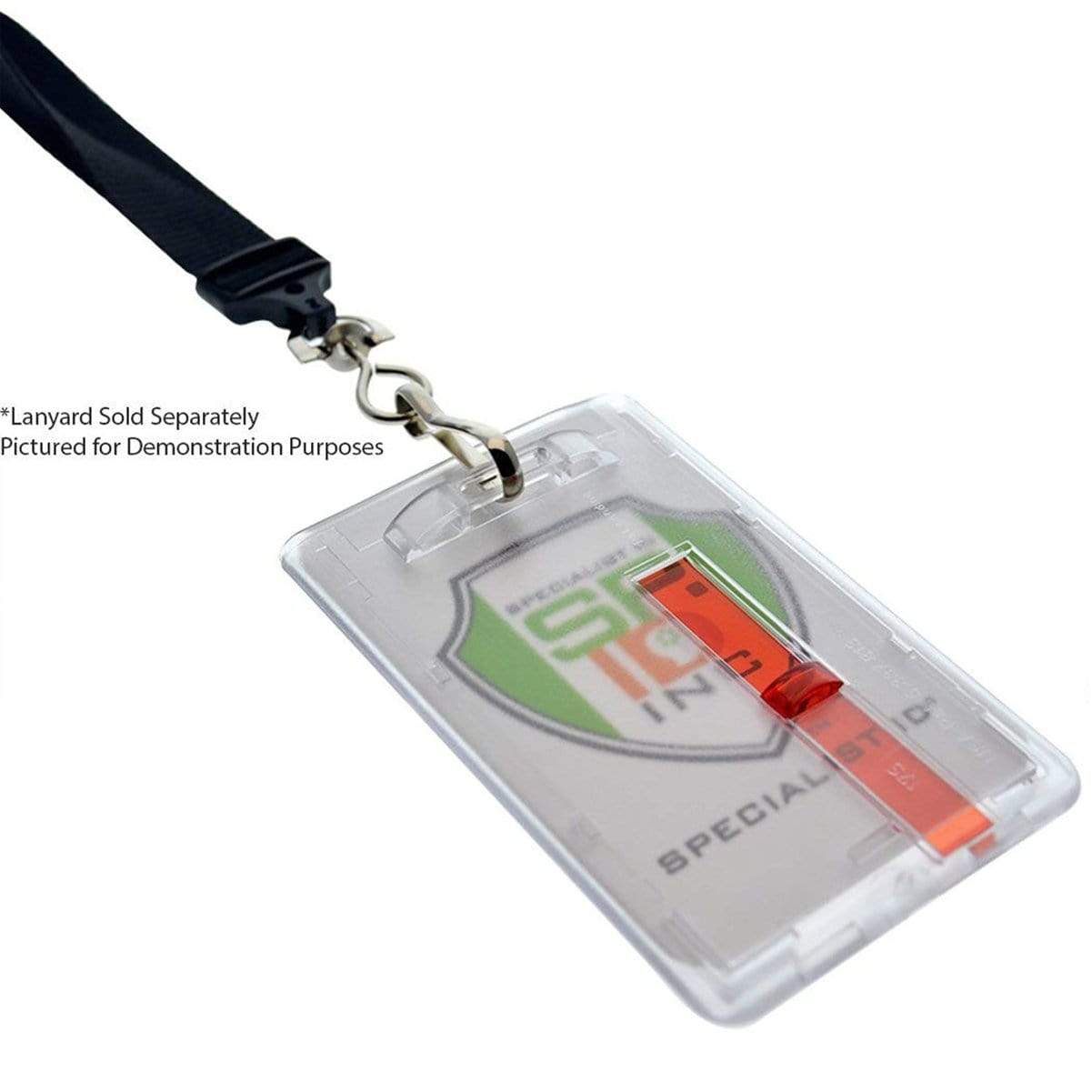 Image of a Frosted Vertical Rigid ID Badge Holder with Red Extractor Slide (P/N 1840-6566) with a visible security company logo and a red extractor slide inside, attached to a black lanyard. Text reads "Lanyard Sold Separately, Pictured for Demonstration Purposes.