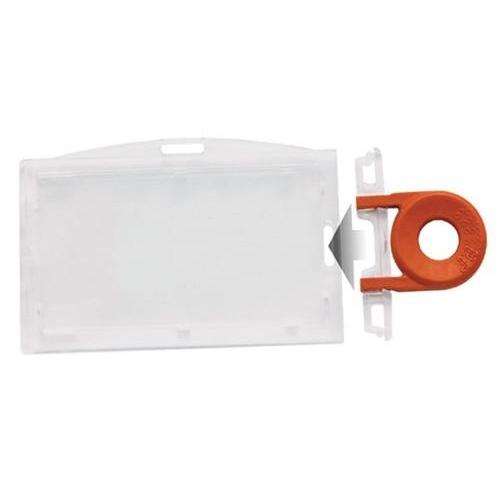 A Clear Horizontal Locking Plastic Card Holder (P/N 1840-6610) in the shape of a rectangular card holder features an orange circular clip on the right side. The clip has an arrow pointing to the right, making it ideal for securing credit card-sized badges.