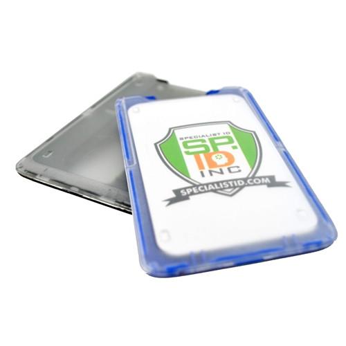 Two ID card badge holders, one in black and one in blue, with a visible logo and website, are displayed. These B-Holder Rigid Plastic Vertical Holder (P/N 1840-664X) are made from rigid plastic for durability.