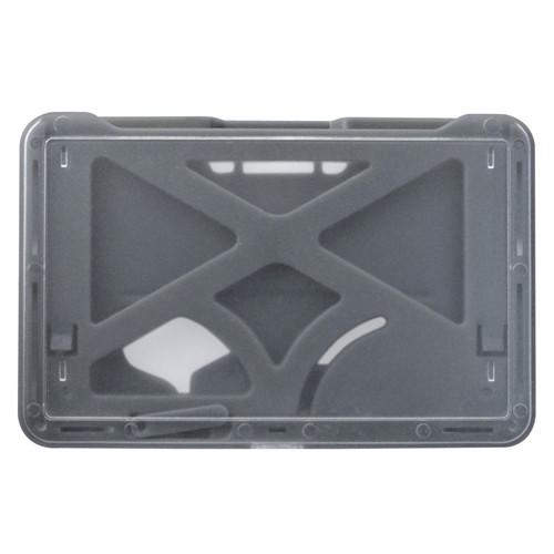 3 Card Horizontal ID Badge Holder B-Holder, grey rigid card holder with a transparent front cover, featuring internal compartmental dividers for multiple cards.