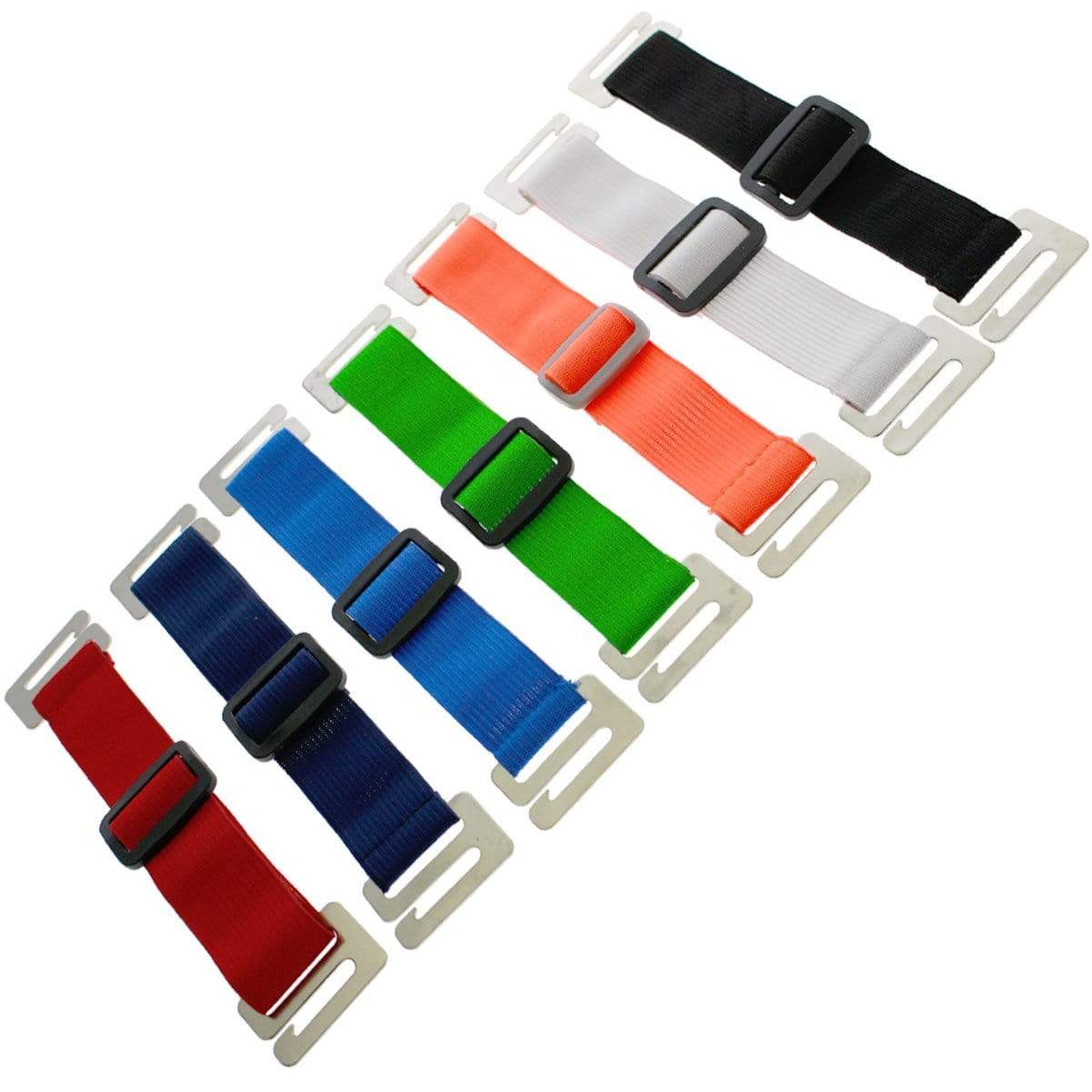 Seven Clear Over Size Vinyl Horizontal Arm Band Badge Holders (P/N 1840-7100) with plastic buckles, reminiscent of armband badge holders, are arranged in a row. The colors include red, dark blue, blue, green, orange, white, and black.