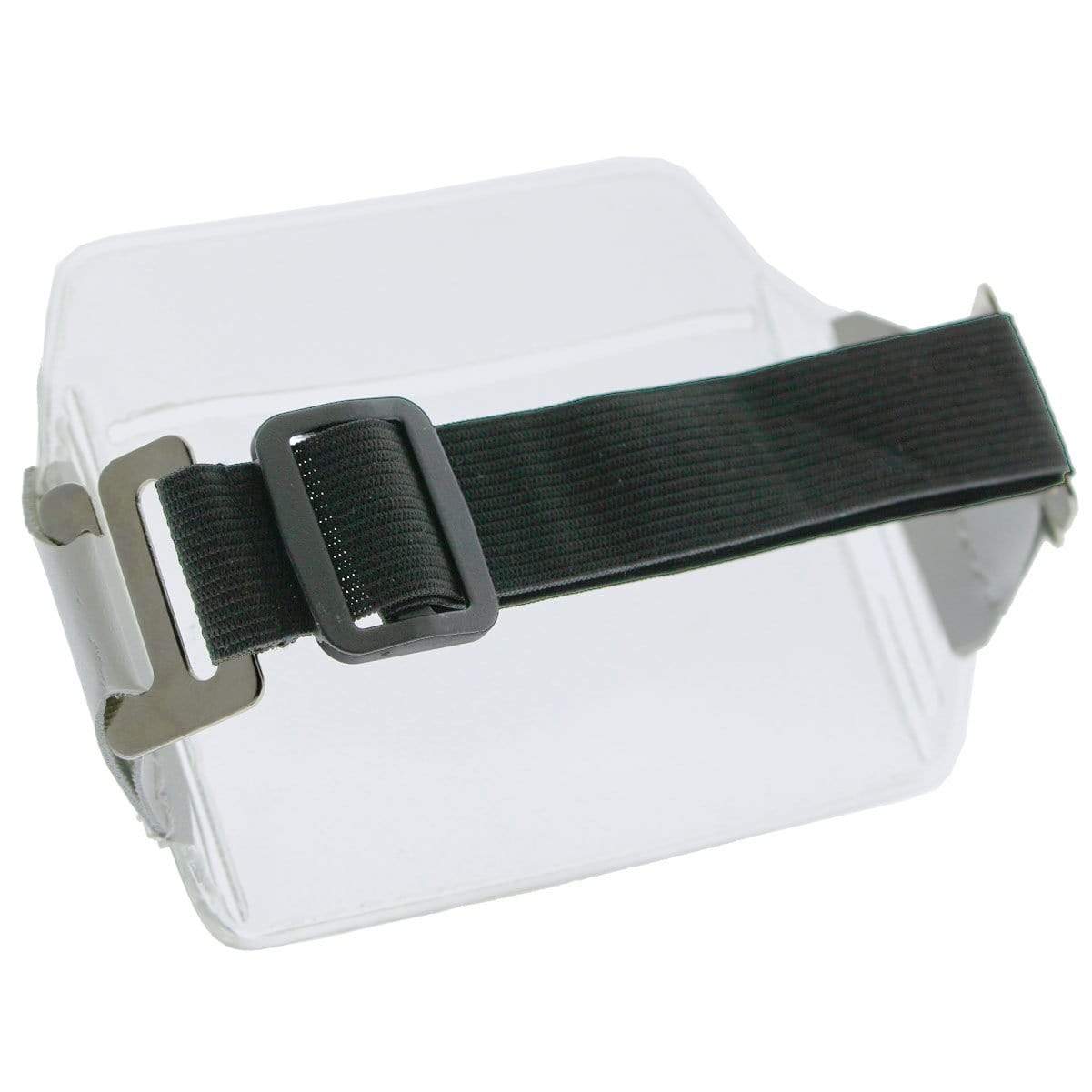 A Clear Over Size Vinyl Horizontal Arm Band Badge Holder (P/N 1840-7100) with a black adjustable head strap, metal attachments, and designed to integrate seamlessly with a clear vinyl badge holder.