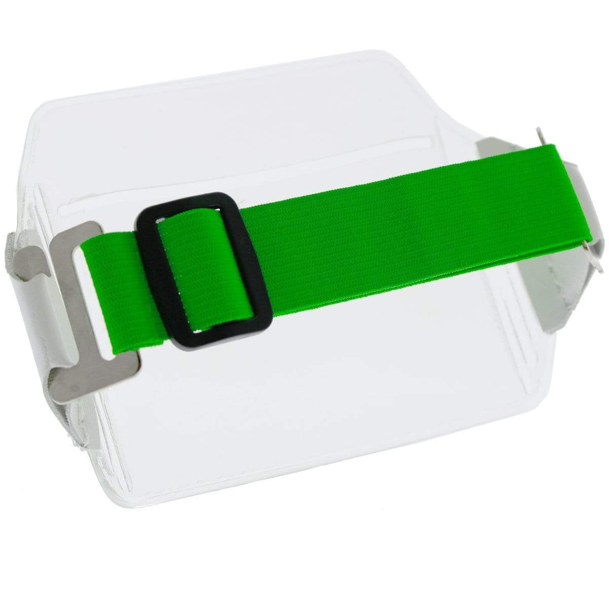 A bright green luggage strap with a rectangular black buckle, secured around a transparent suitcase, resembling the functionality of a Clear Over Size Vinyl Horizontal Arm Band Badge Holder (P/N 1840-7100).