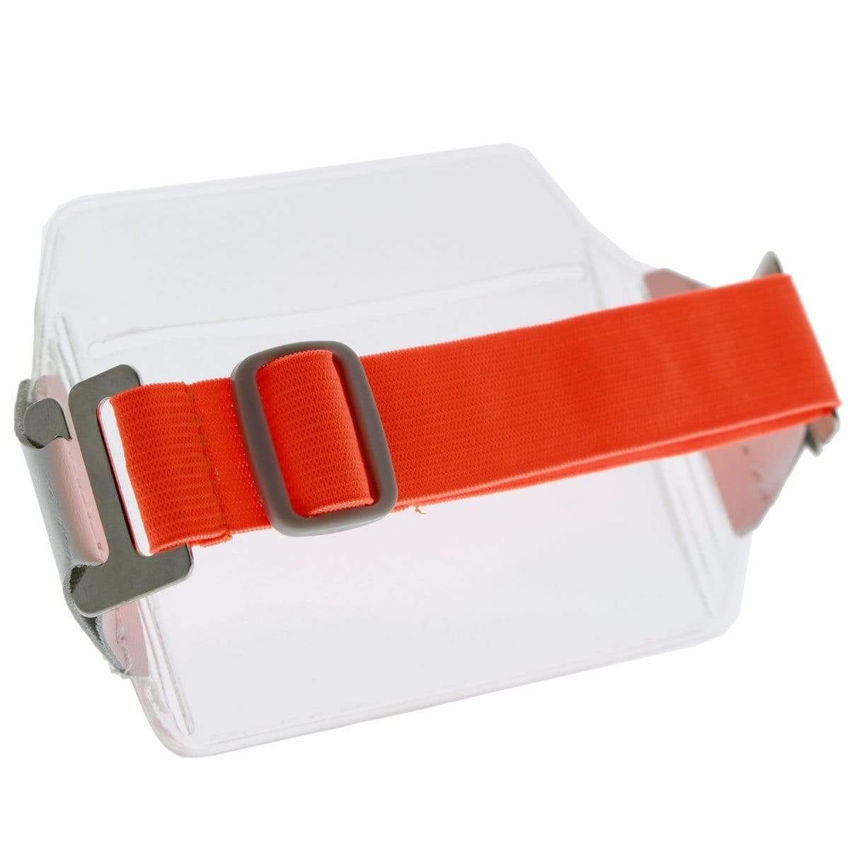 A bright orange strap with metal buckles attached to a Clear Over Size Vinyl Horizontal Arm Band Badge Holder (P/N 1840-7100).