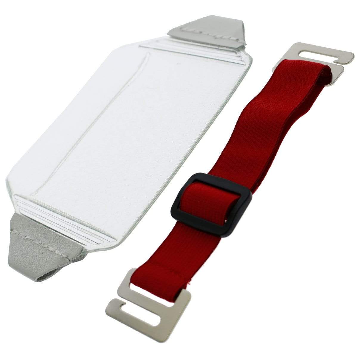 A clear over size vinyl horizontal arm band badge holder (P/N 1840-7100) with gray trim sits beside a red adjustable strap with metal buckles, reminiscent of an armband badge holder.
