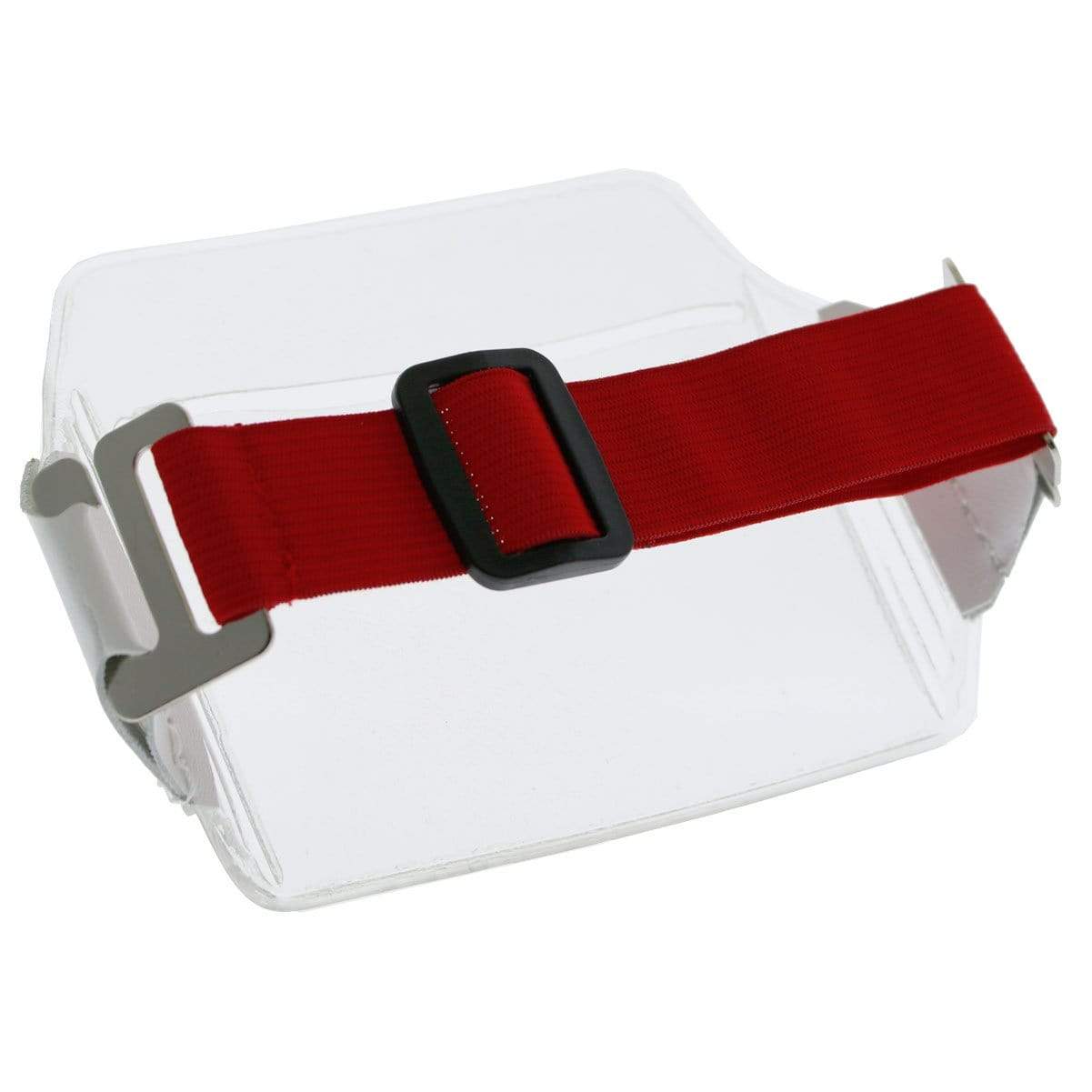 A red strap with a rectangular black buckle is attached to a Clear Over Size Vinyl Horizontal Arm Band Badge Holder (P/N 1840-7100) with metal hooks on each end.