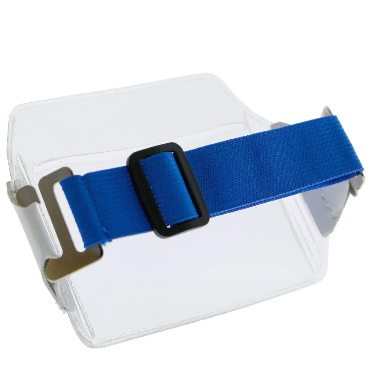 A Clear Over Size Vinyl Horizontal Arm Band Badge Holder (P/N 1840-7100) with a blue strap and black buckle wrapped around it.