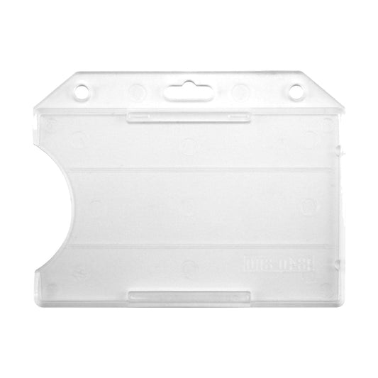 A Horizontal Open-Face Rigid Plastic Card Holder (1840-811X) with a thumb slide opening on the side, featuring two slots and a hook for hanging. Sold by Specialist ID.