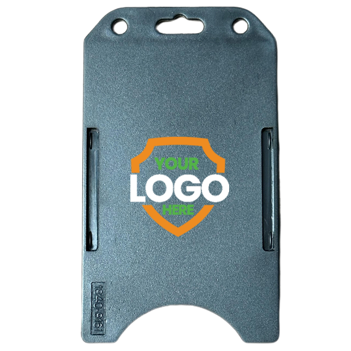 A grey vertical plastic card holder with two slots on each side and a recess at the top for attaching a clip. The center features a shield with the text "Your Logo Here," making it one of our finest Custom Vertical Open Faced Plastic ID Badge Holder (1840-816X) - Upload Your Logo.