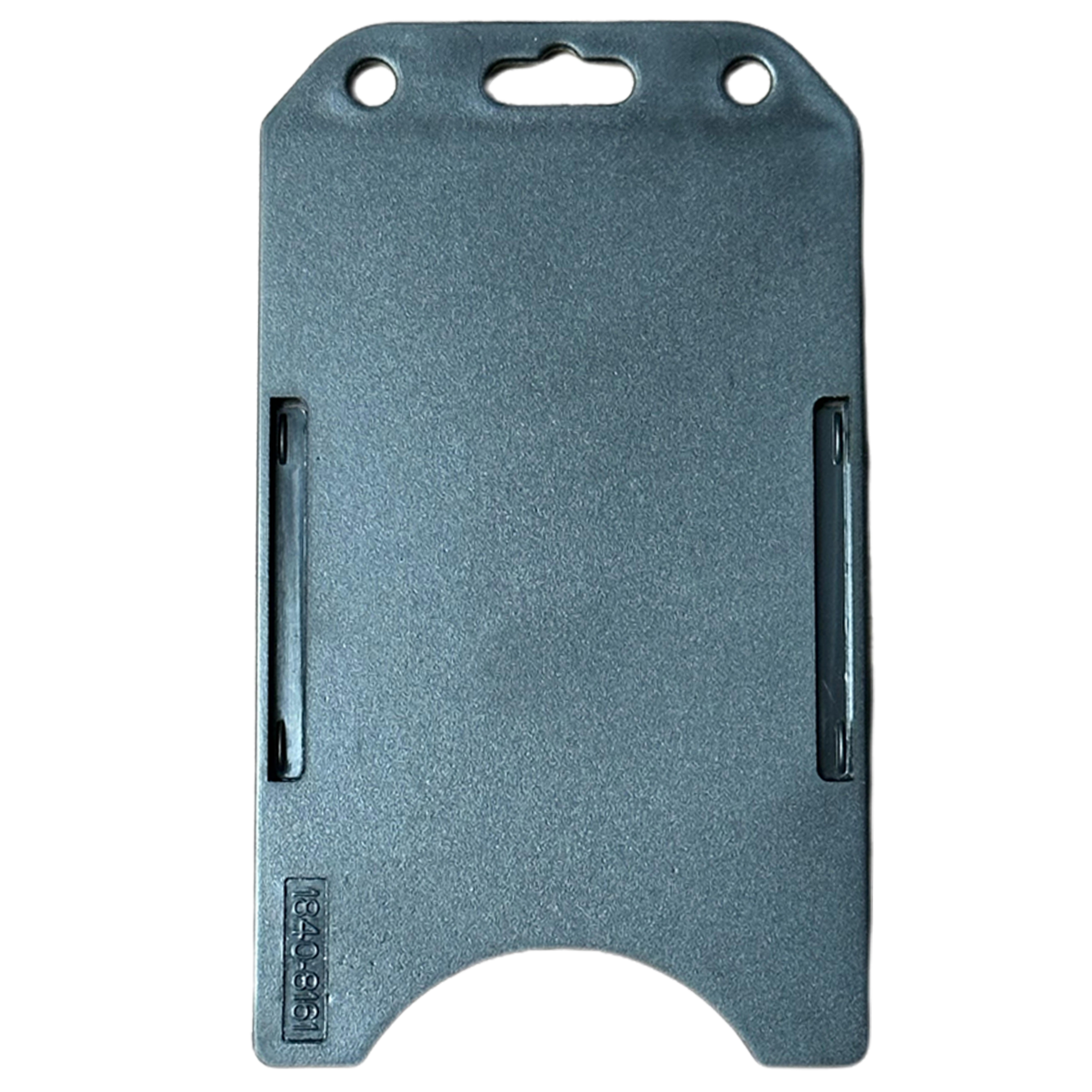 A gray Vertical Open Face Plastic ID Holder (1840-816X) featuring a rigid design with two slots for lanyards and a cutout at the bottom for easy access to your photo ID badge. Sold by Specialist ID.