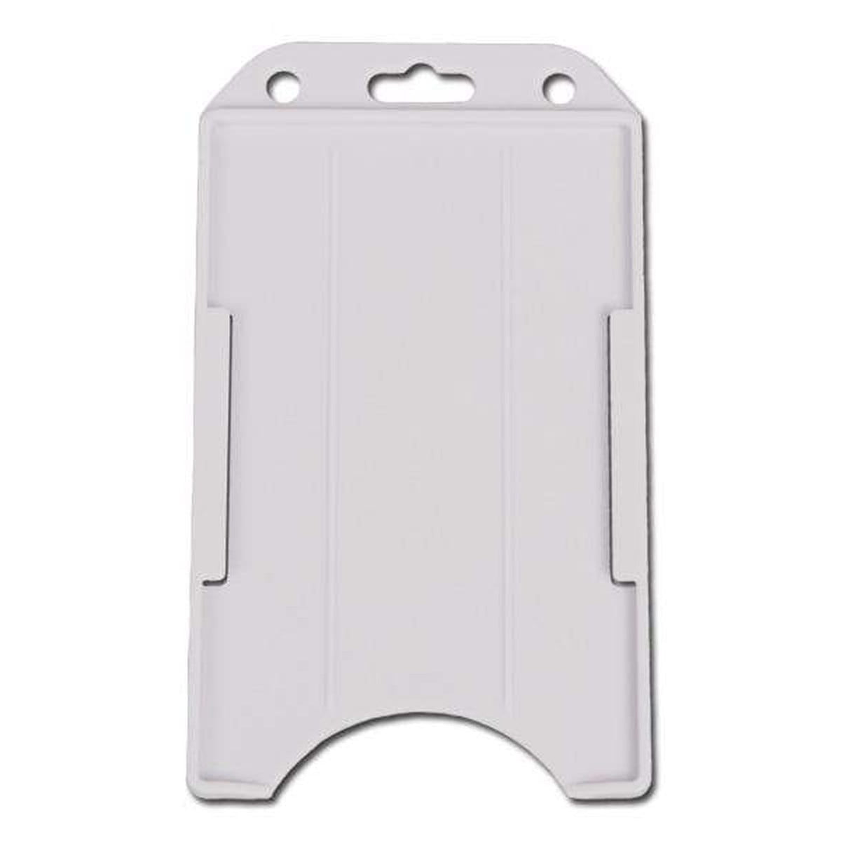 A rigid plastic design, the Vertical Open Face Plastic ID Holder (1840-816X) features a rectangular shape with rounded corners and slots for securing a photo ID card. Sold by Specialist ID.