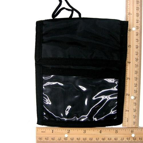 Black 3-Pocket Credential Neck Wallet with Adjustable Lanyard (1860-2501) with a transparent pocket and flap closure, shown next to two rulers placed vertically and horizontally for size reference. Perfect as a trade show badge holder, this versatile bag also features an adjustable lanyard for convenience.