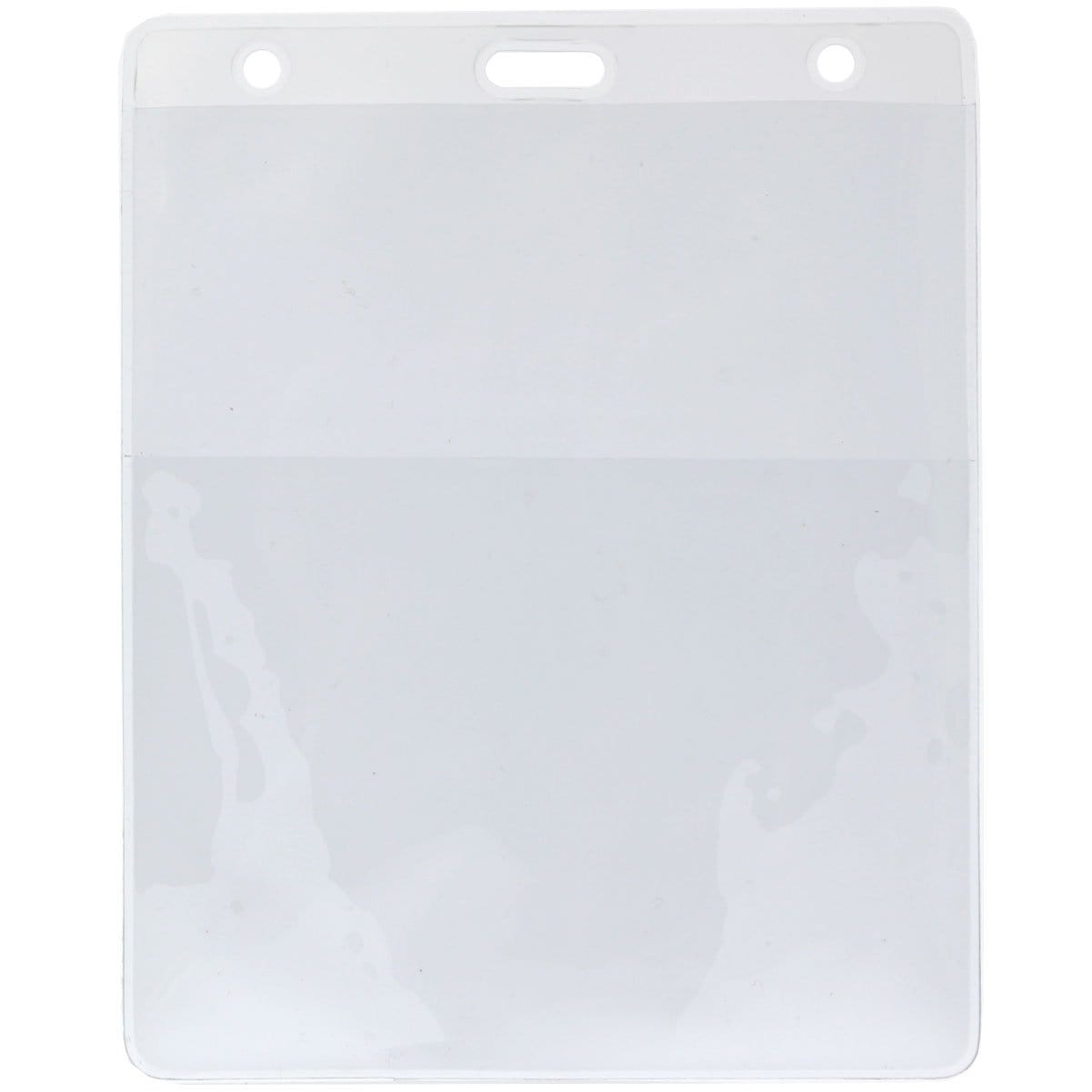 A clear plastic badge holder with a top slot and two side holes for attaching to a lanyard or clip. This Two Pocket Event Badge Holder with 4x5 and 4x3 Sleeves - Clear Vertical Credential Holder (1860-4000), featuring clear front and back, is set against a white background.