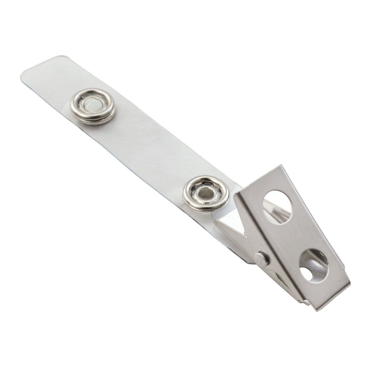 A 2-3/4" (70Mm) Clear Vinyl Strap Clip W/ 2-Hole Stainless Steel Clip 2105-1310 featuring a stainless steel rectangular, flat strip with circular fasteners on each end.