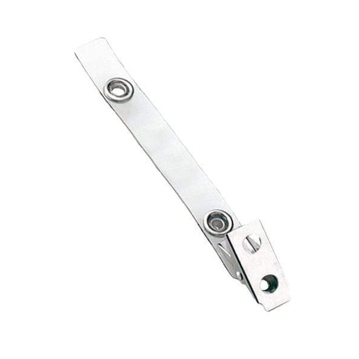 A metal door restrictor with multiple holes and a hinge joint, featuring a Clear Vinyl Strap Clip W/ 2-Hole Stainless Steel Clip 2105-1320 for added durability.