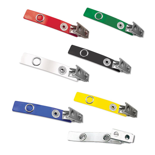 Colored Vinyl Strap Clips (2105-200X) are arranged against a white background. The clips, perfect for any ID badge holder, come in red, green, black, white, yellow, and silver. Sold by Specialist ID.
