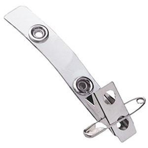 A 2-Hole Pin-Clip Combo Strap Clip with a rectangular base, a coiled key ring attachment, and two circular holes for fastening. Additionally, it features a clear vinyl strap for added security.
