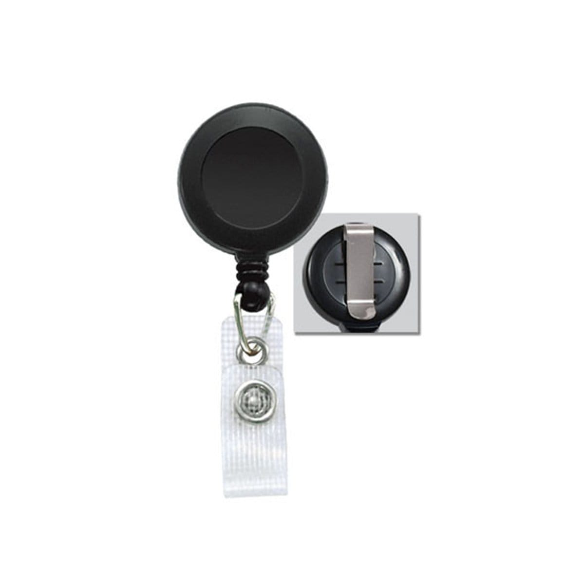 A Badge Reel With Reinforced Vinyl Strap and Belt Clip (P/N 2120-300X). Insets show a close-up of the rear belt clip mechanism.
