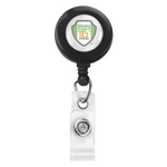 A black retractable badge reel with a clear vinyl strap and a shield-shaped logo in the center labeled "Specialist ID, Inc." featuring full color graphics. This Custom Printed Retractable Badge Reels With Belt Clip - Personalize with Your Brand Logo is perfect to promote brand awareness while keeping your ID easily accessible.