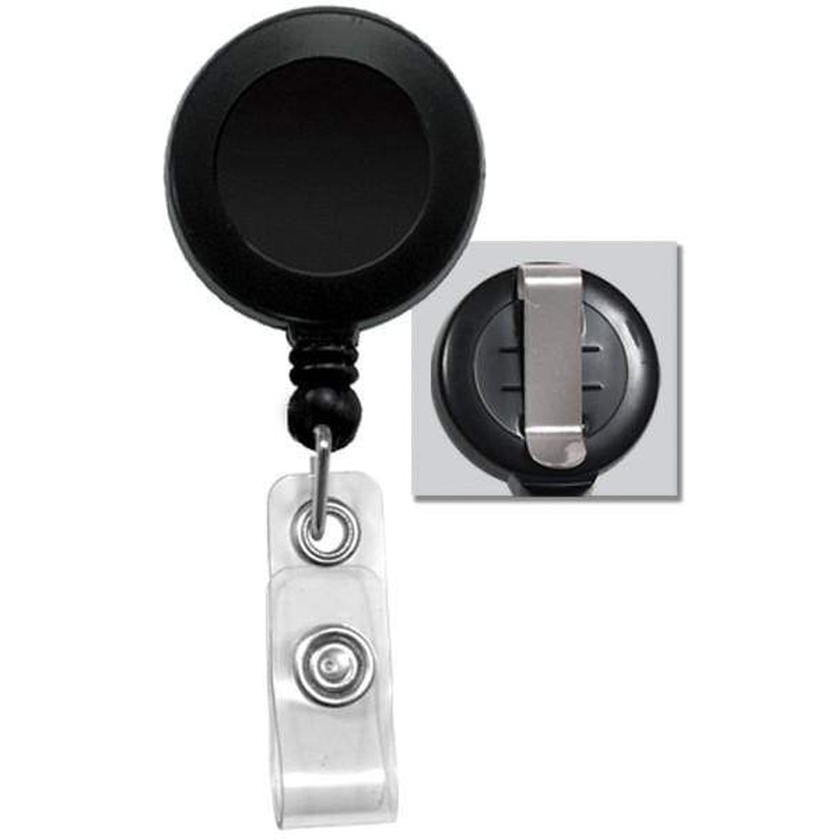A Badge Reel with Belt Clip (P/N 2120-303X) with a clear plastic snap-on strap and a durable metal belt clip, shown from the front and back.