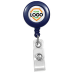 A Custom Printed Retractable Badge Reels With Belt Clip - Personalize with Your Brand Logo, featuring a navy blue casing and a circular logo space labeled "Your Logo Here," offering full color graphics to promote brand awareness.