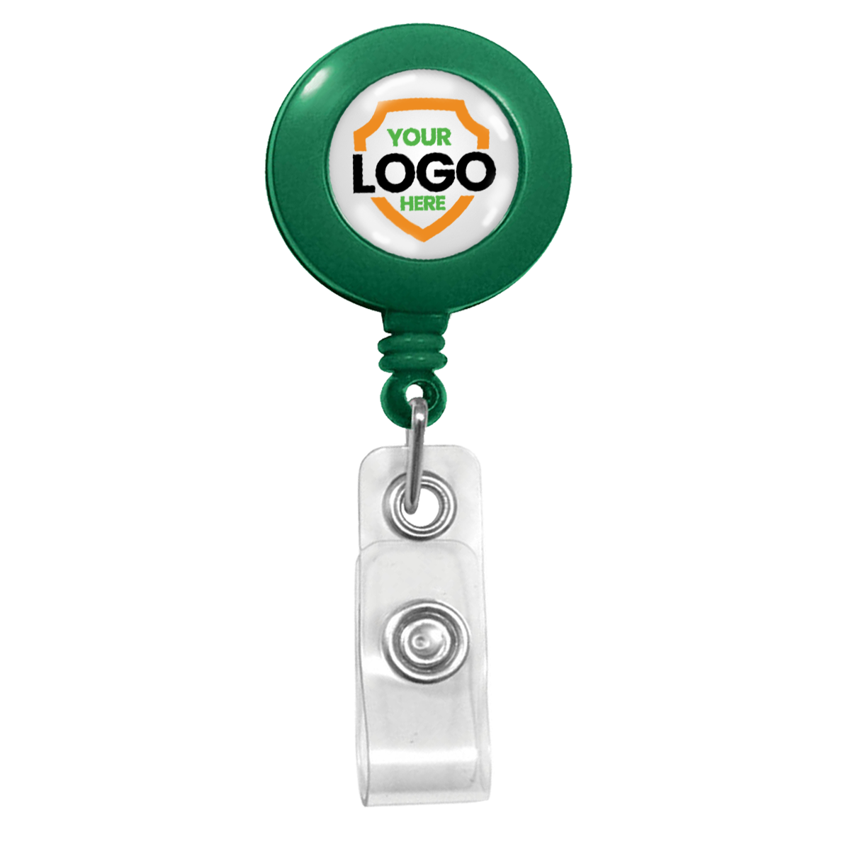 Green Custom Printed Retractable Badge Reels With Belt Clip - Personalize with Your Brand Logo with a white and orange circle in the center labeled "YOUR LOGO HERE." It features a clear plastic clip for attaching a badge. Ideal for custom badge reels, it helps promote brand awareness with full color graphics that make your logo pop.