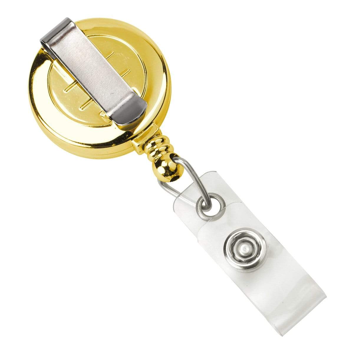 A Gold Retractable Badge Reel With Belt Clip (P/N 2120-3035) features a metal belt clip and a clear plastic strap with a snap button attachment, making it perfect for securely holding your ID badge.