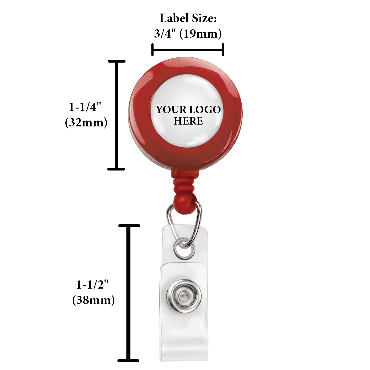 A red Custom Printed Retractable Badge Reels With Belt Clip - Personalize with Your Brand Logo, labeled "Your Logo Here" in the circular center. Dimensions are noted as 1-1/4" (32mm) for the reel and 1-1/2" (38mm) for the clip length, with a label size of 3/4" (19mm). Ideal for promoting brand awareness with full-color graphics.