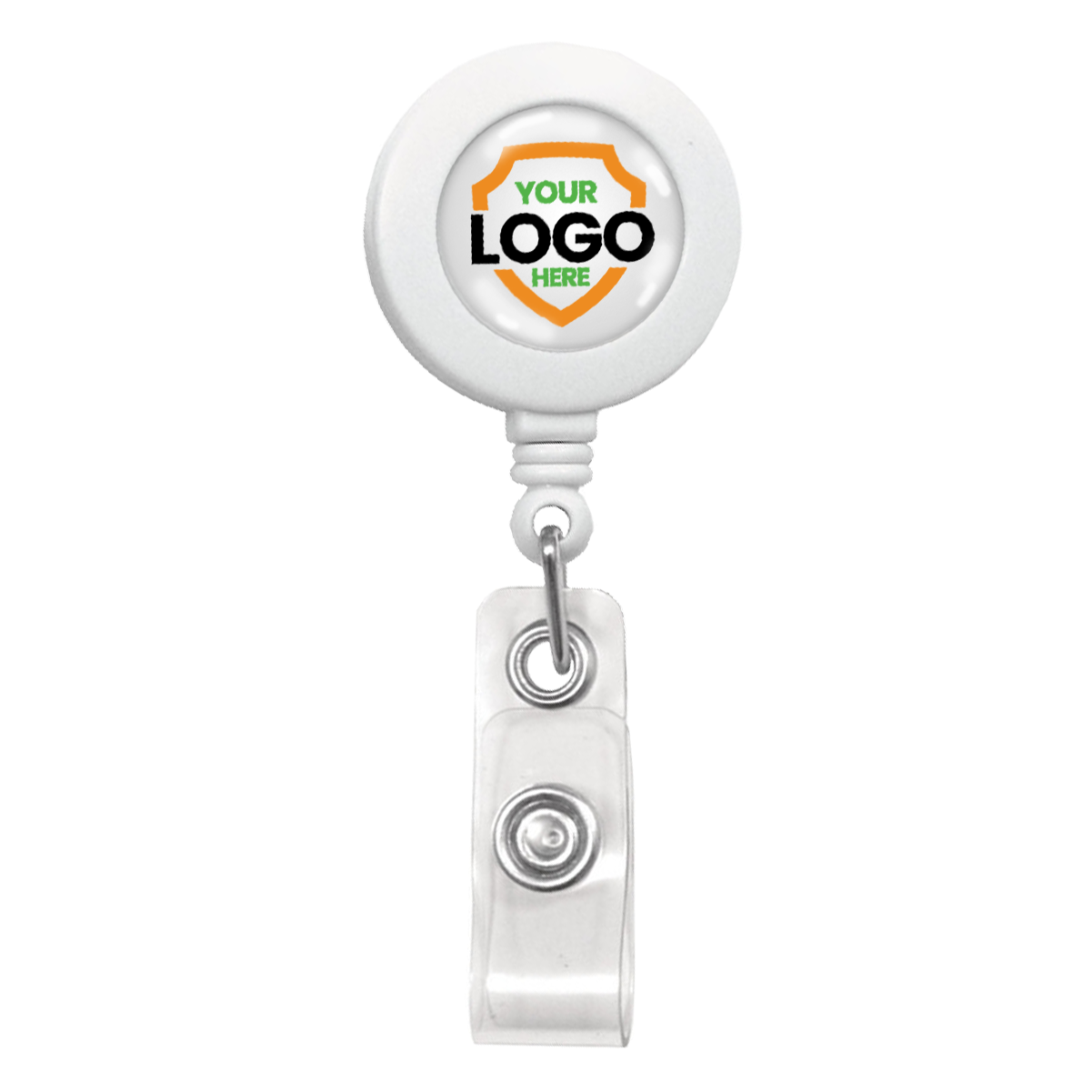 A Custom Printed Retractable Badge Reels With Belt Clip - Personalize with Your Brand Logo, featuring a placeholder for a logo labeled "YOUR LOGO HERE" encased in a circular cover, is perfect to promote brand awareness with full color graphics.